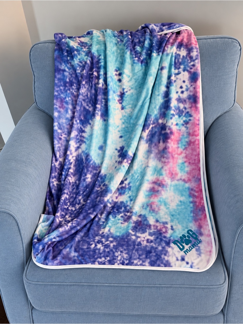 Tie-Dye 'Dog Mama' Embroidered Pajama fabric Throw Blanket - Blue/Purple/Pink